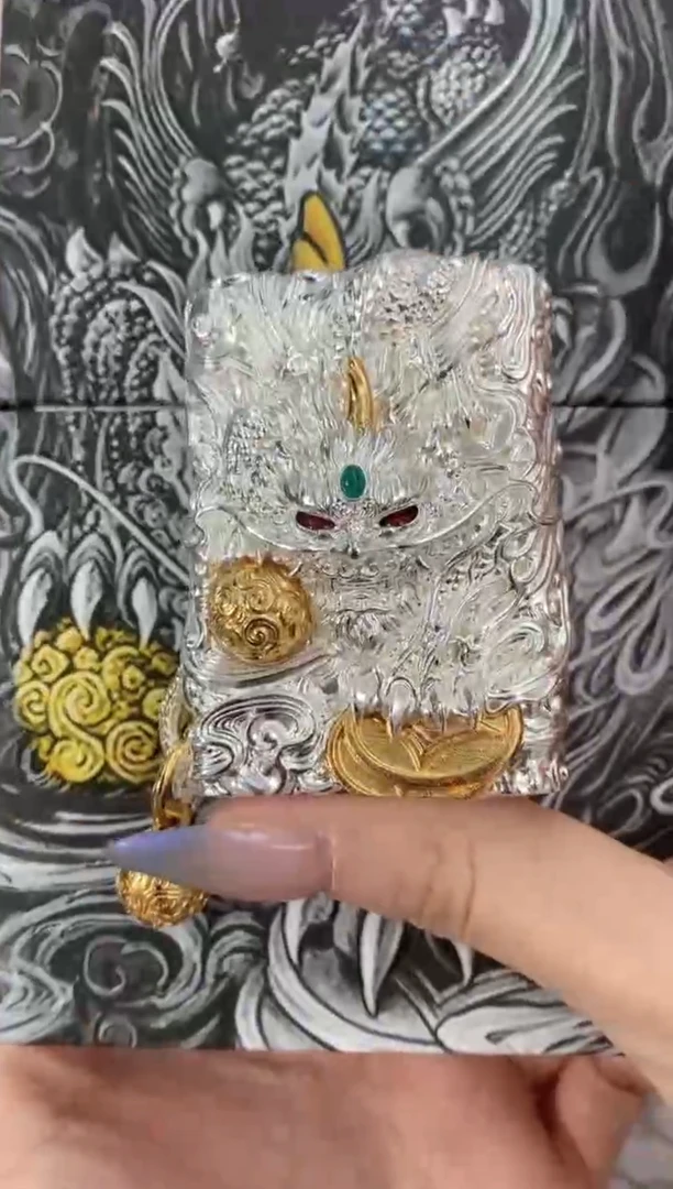 镜面ZIPPO打火机-镀银灵动貔貅-礼盒礼袋+油+火石