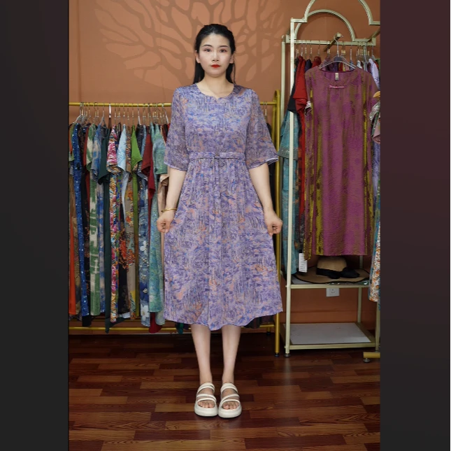 【紫收腰中袖】2025夏季妈妈装气质短袖连衣裙洋气中年女装宽松长裙