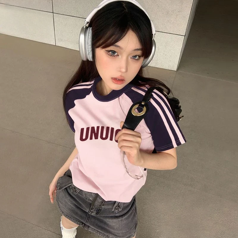 粉色休闲短袖t恤女2025新款爆夏季款学生撞色纯棉半袖辣妹风体恤