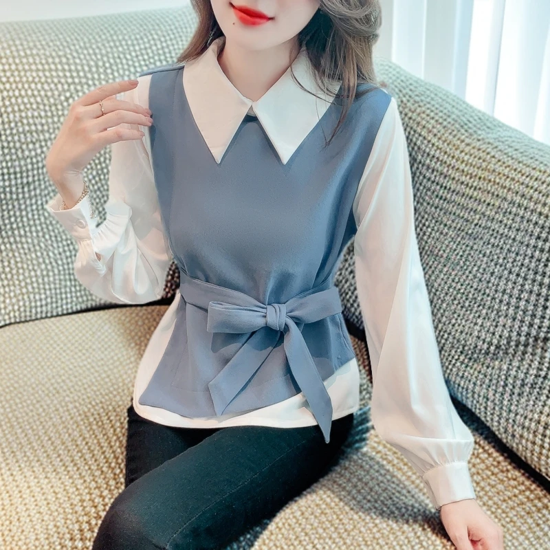 假两件绑带衬衫女长袖春秋法式设计感时尚洋气收腰小衫美拉德上衣