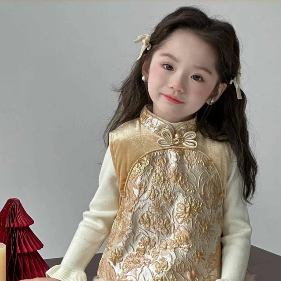 女童国风套装2025冬装新款儿童中式唐装拜年服马甲女宝宝过年周岁