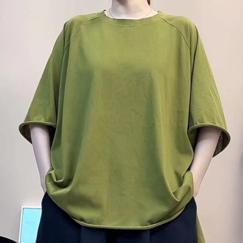 超凉快棉料插肩袖卷边t恤女