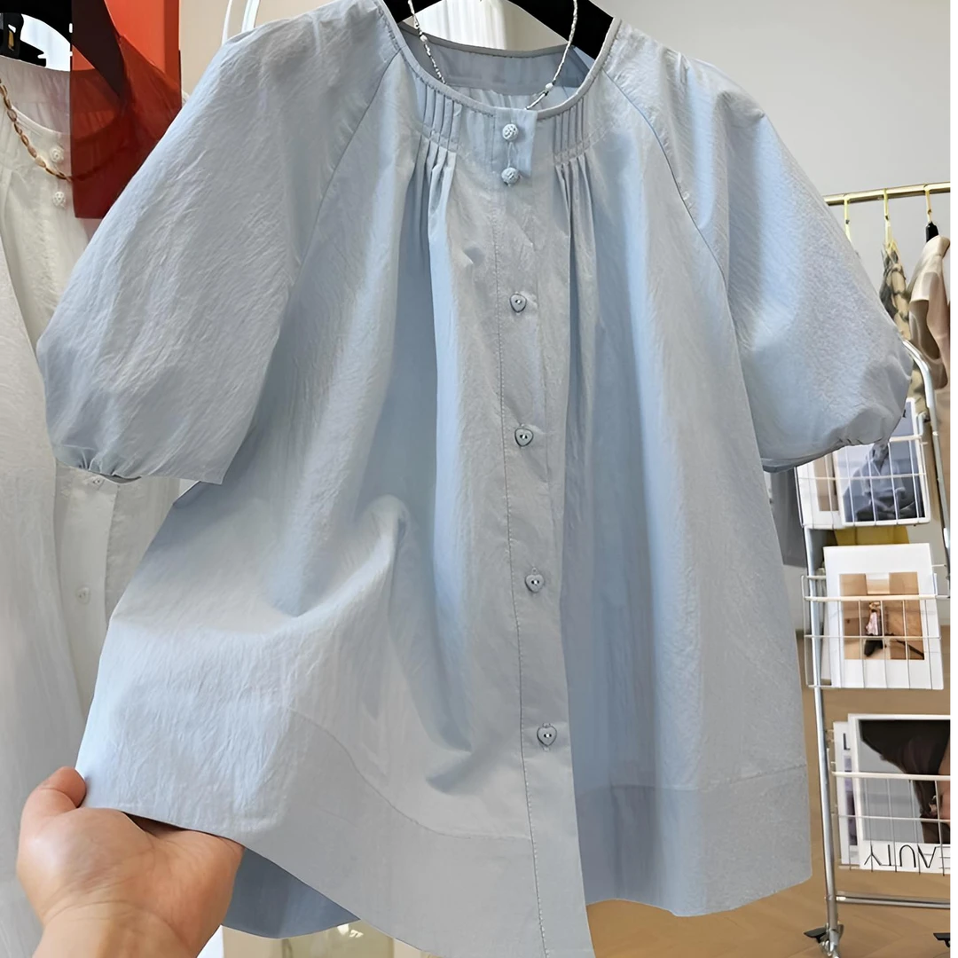 法式气质短袖圆领衬衫女高级感轻奢减龄洋气小衫超好看独特上衣夏