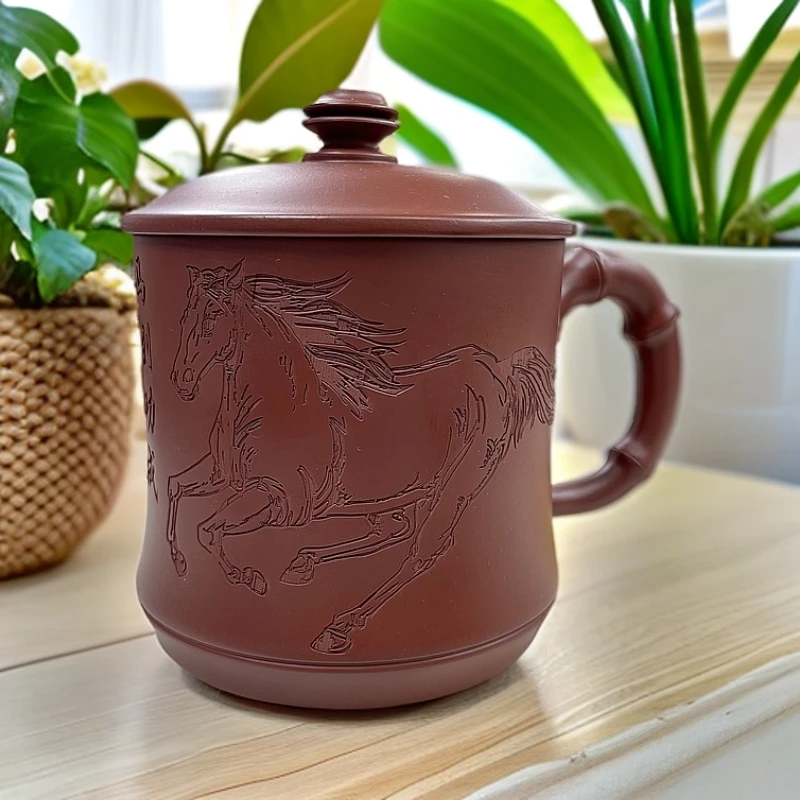 宜兴紫砂 手工盖杯 红皮龙 马到功成全手工带盖