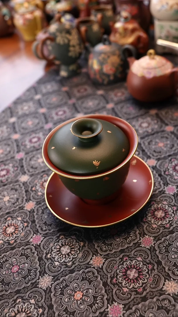 茶壶紫砂绿金盖碗