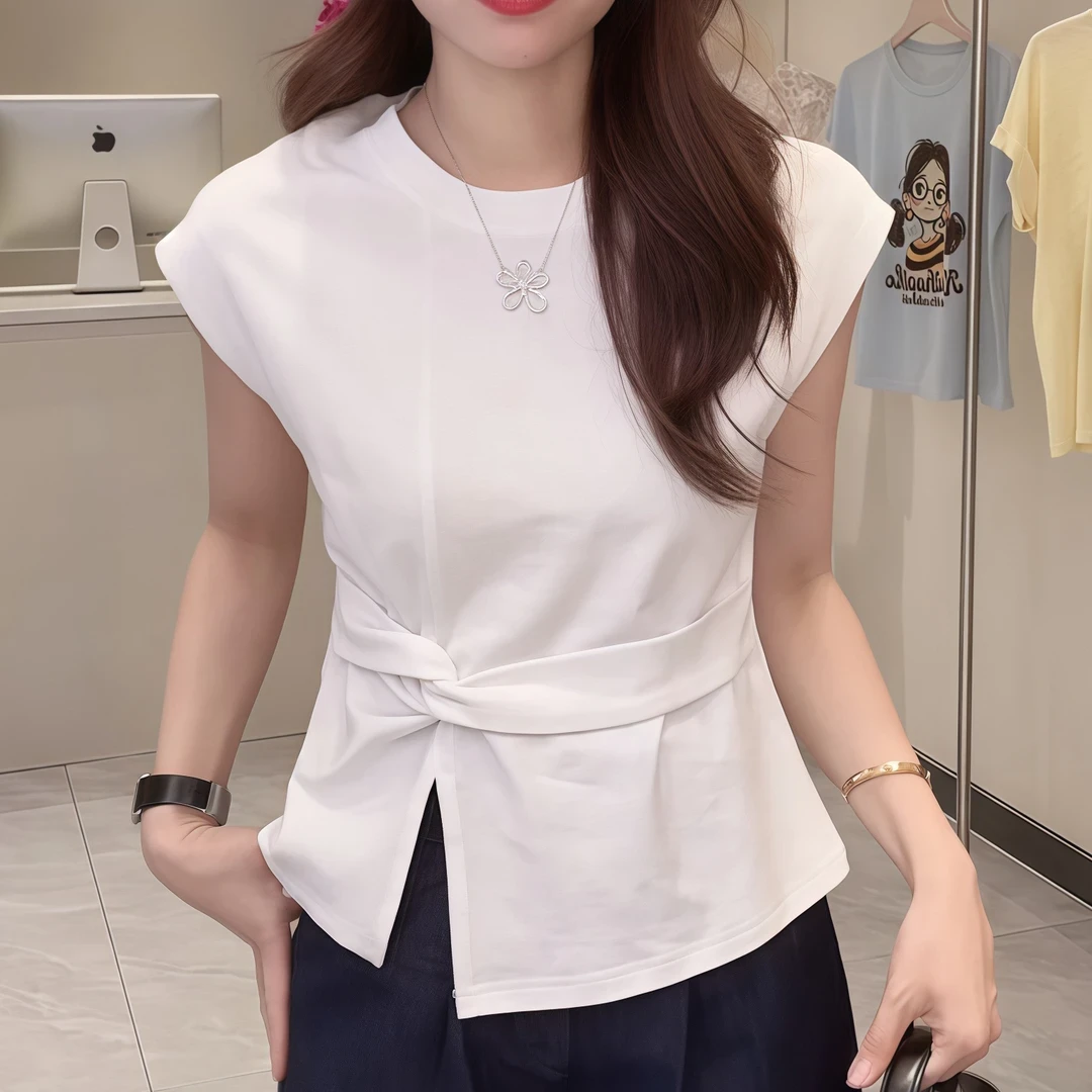 不规则白色短袖恤女2025新款爆款夏季设计感扭结收腰小飞袖上衣