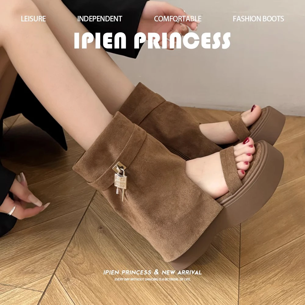 小众透气露趾西部短靴2025夏季新款厚底凉鞋复古百搭增高裤管靴女