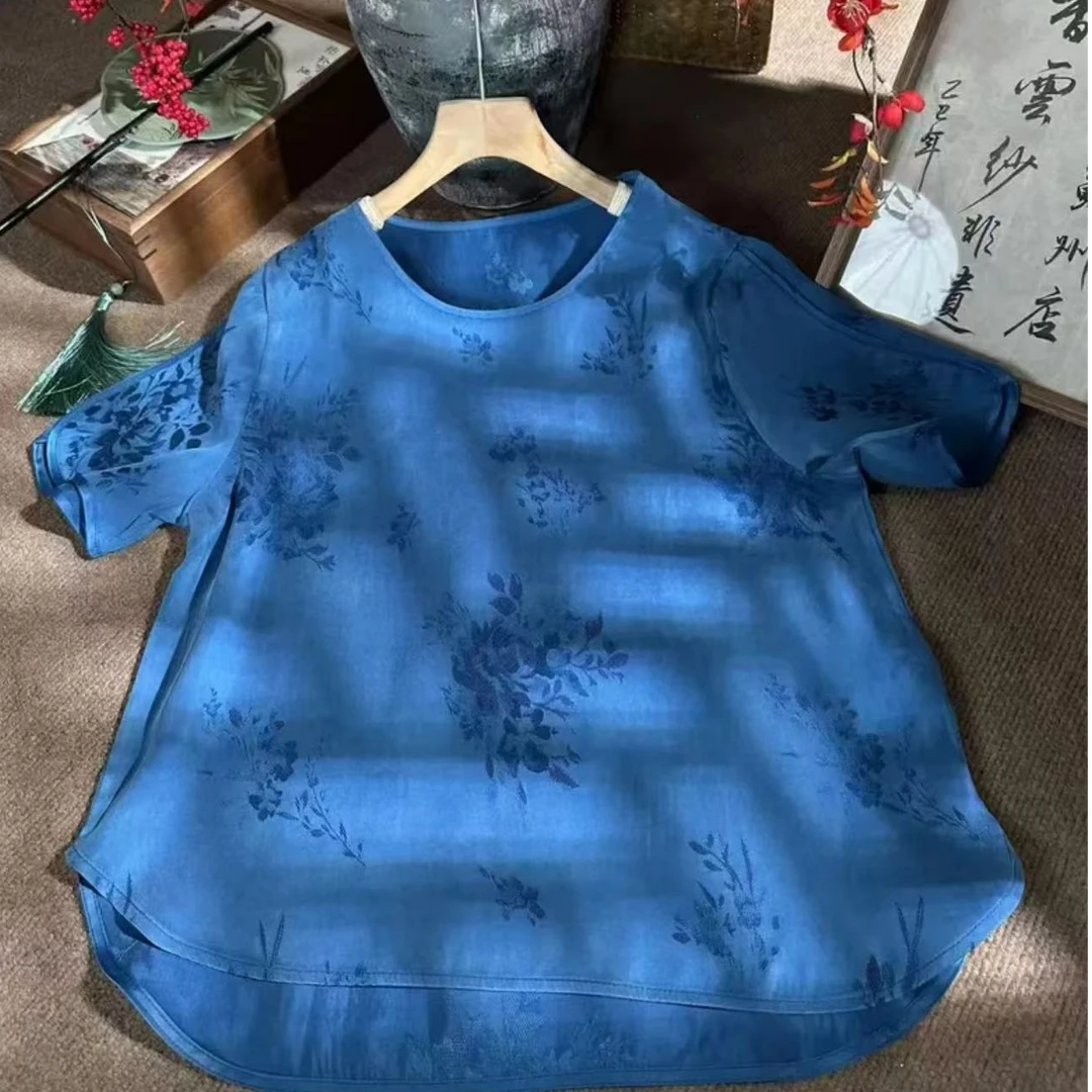 夏季新款新中式国风圆领短袖 复古提花宽松显瘦版短袖