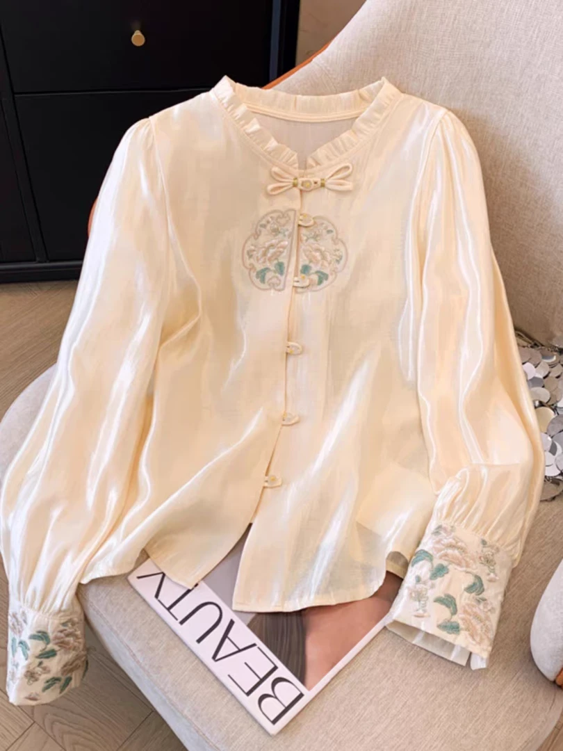 新中式国风刺绣盘扣木耳领衬衫2025春款复古高端名媛气质薄款上衣