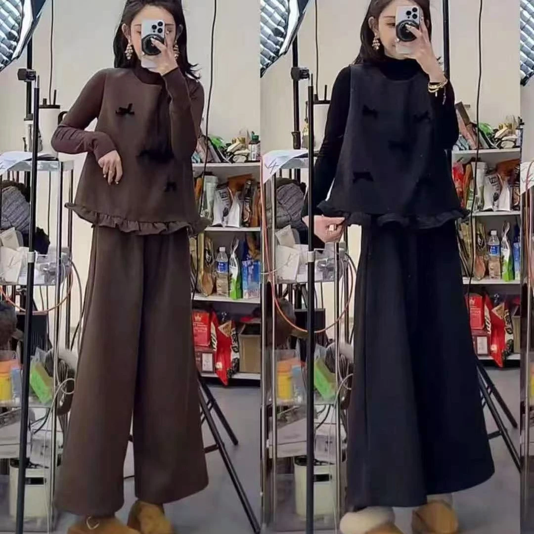 又又家  蝴蝶结马甲裤子呢子三件套