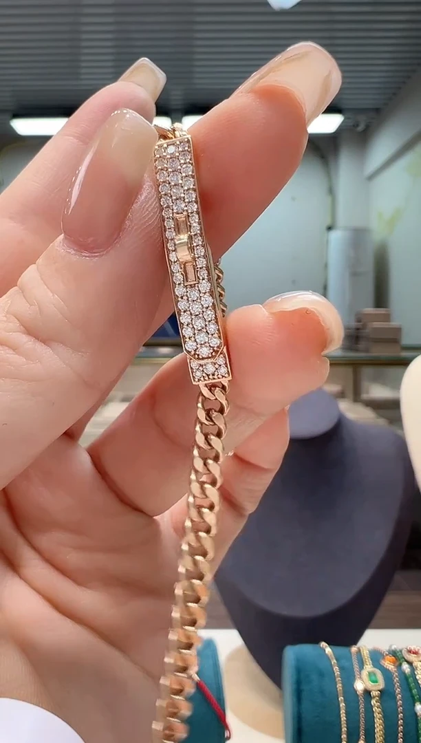 【闪购商品】钻石手链18K金镶嵌满钻古巴手链K红