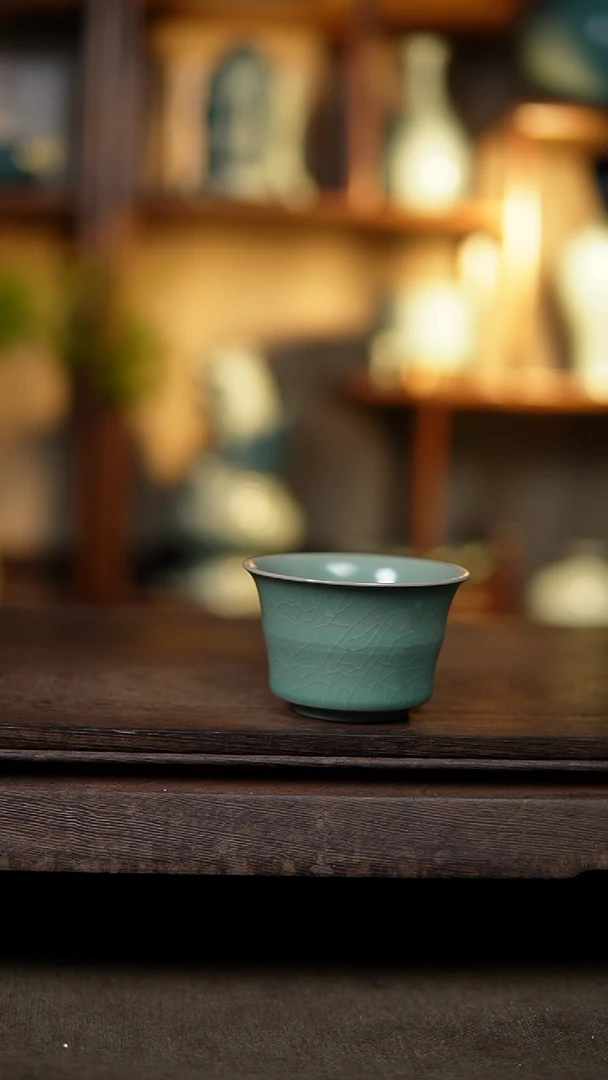 【闪购商品】杯仿古翡翠绿纯手工竹节马蹄杯瑕