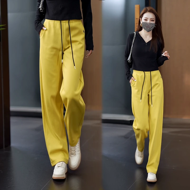 黄色窄版弯刀裤女2025年春秋新款松紧高腰垂感显瘦休闲裤子阔腿裤