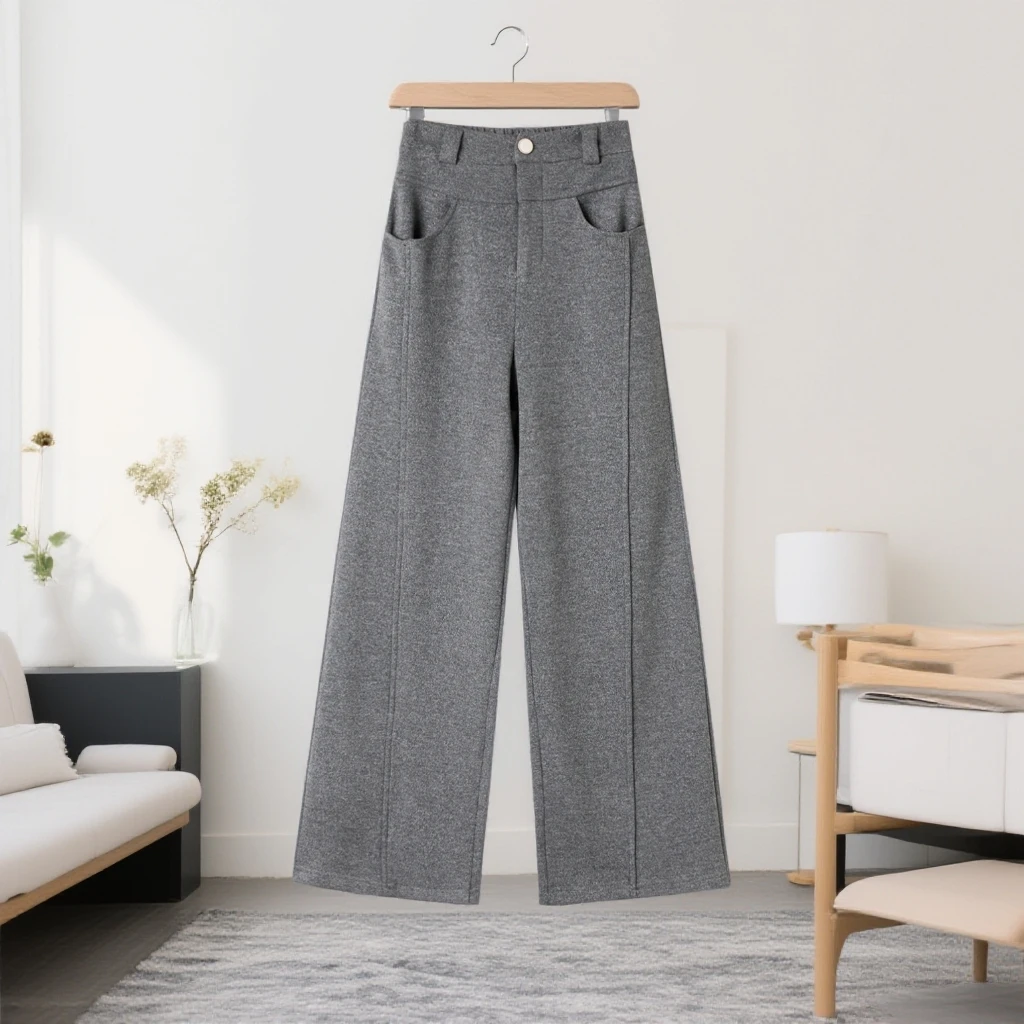 【专柜正版】460克水貂绒双纱冬季女加绒加厚阔腿裤高腰休闲直筒裤