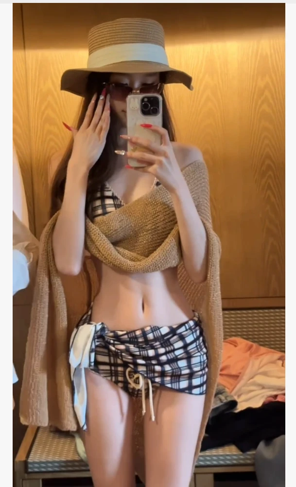 jennie同款小众高级感复古格纹辣妹吊带背心纱裙+针织披肩套装女