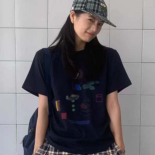 藏青色正肩T恤趣味创意图案印花短袖女夏薄款2025年修身显瘦上衣