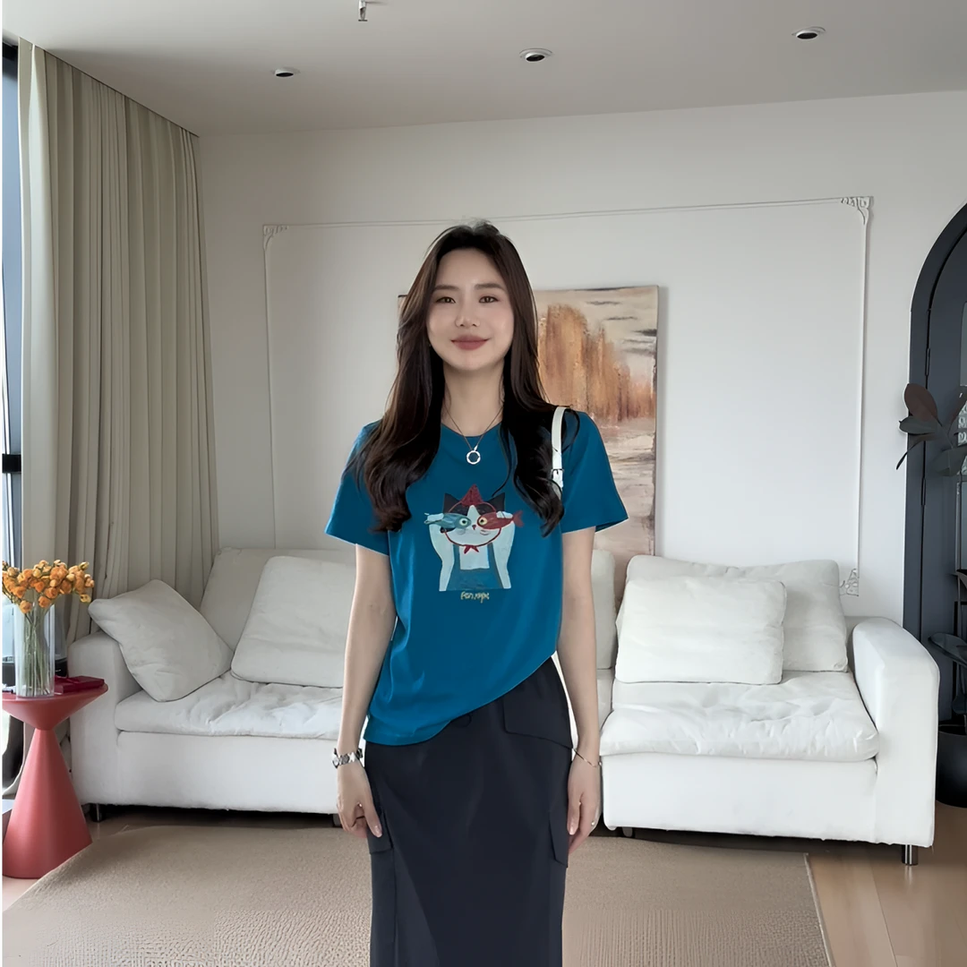 【余欢欢】夏季时尚休闲百搭舒适套头小猫印花短袖T恤-YHW50422