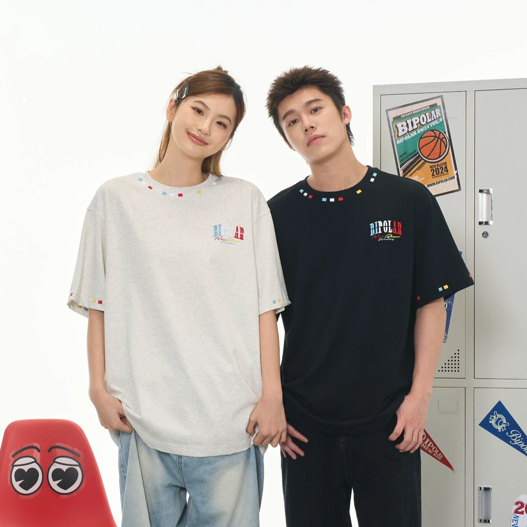 BIPOLAR多彩刺绣圆领宽松纯棉休闲百搭绣花短袖T恤11K060