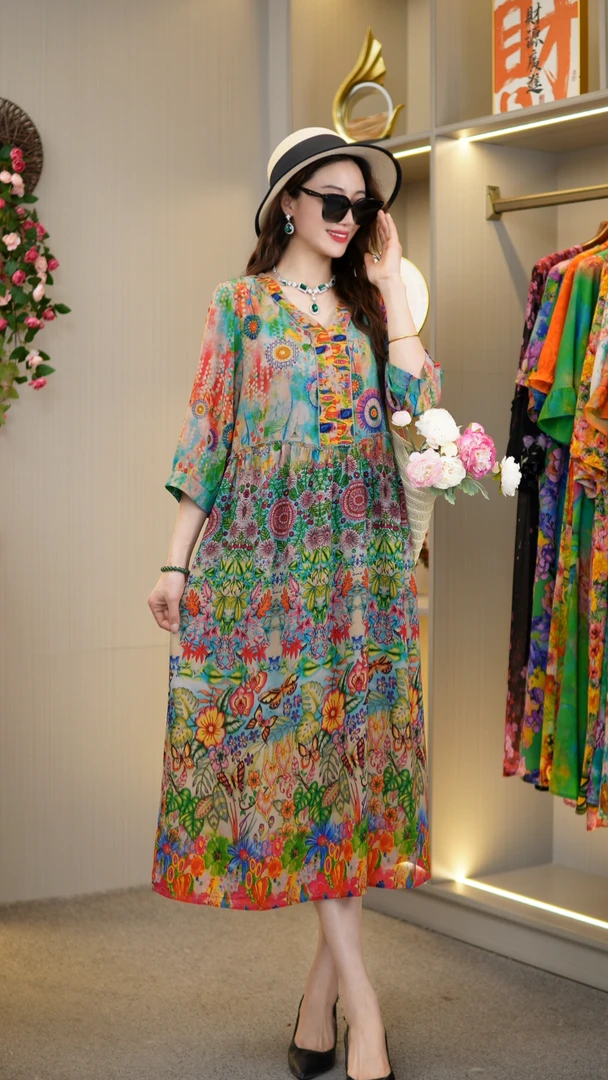 妈妈装连衣裙丝缎高工艺直喷中长袖女装【美轮】PS