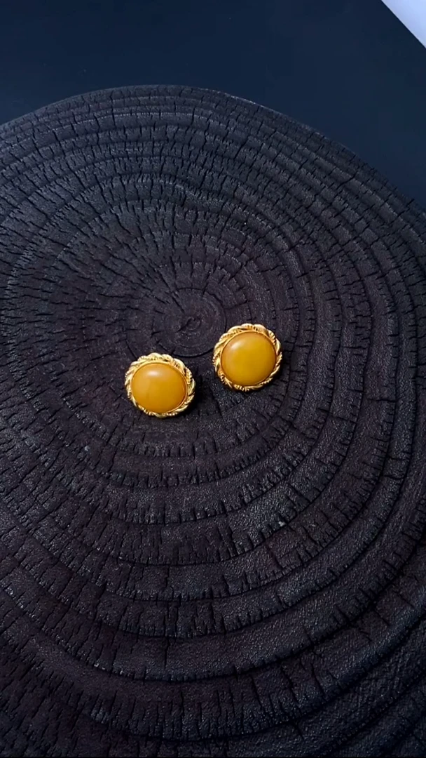 银S925镶嵌蜜蜡耳饰蛋面耳环