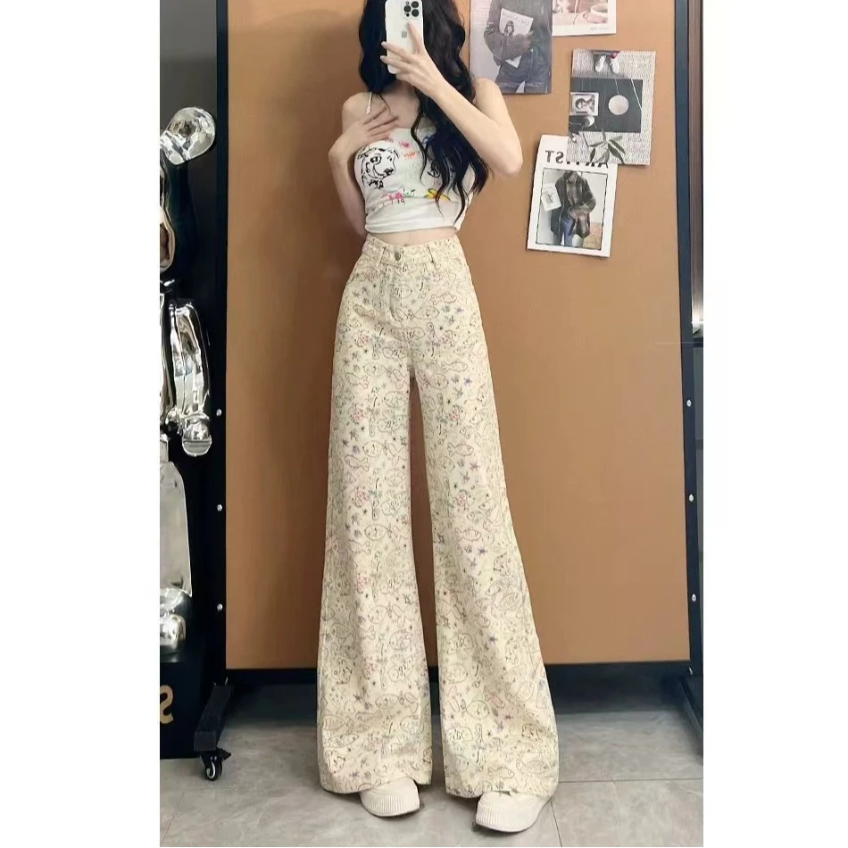 2511涂鸦鱼印花高腰窄版阔腿牛仔拖地裤夏季新款百搭不挑人