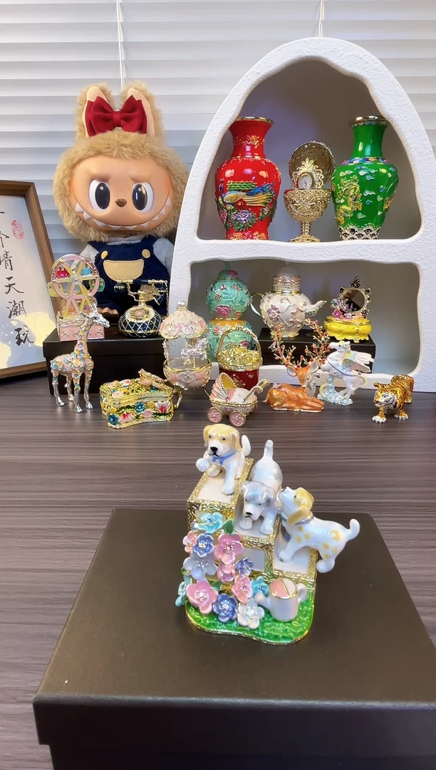 七宝烧珐琅彩首饰盒 摆件 送人送礼个人收藏   台阶狗