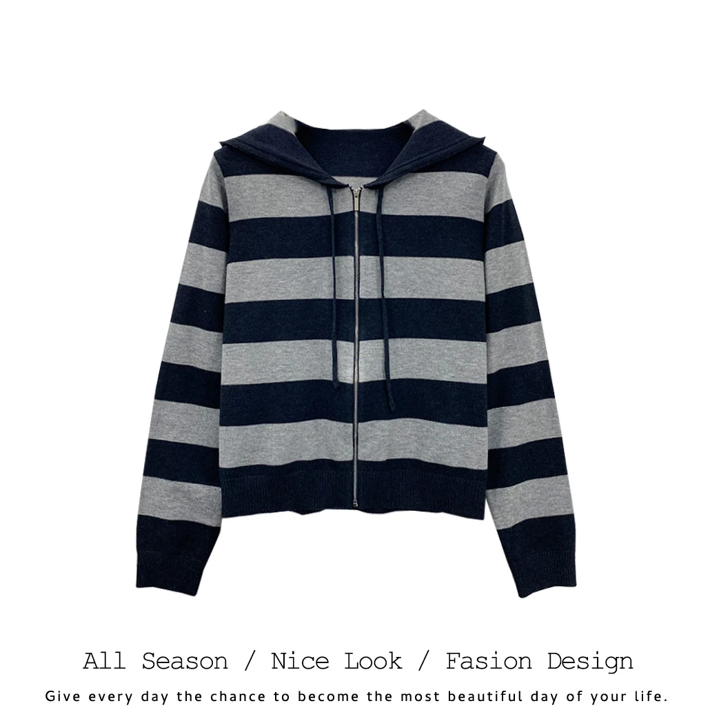 372  时尚潮流撞色条纹上衣连帽开衫宽松百搭长袖     款号#196