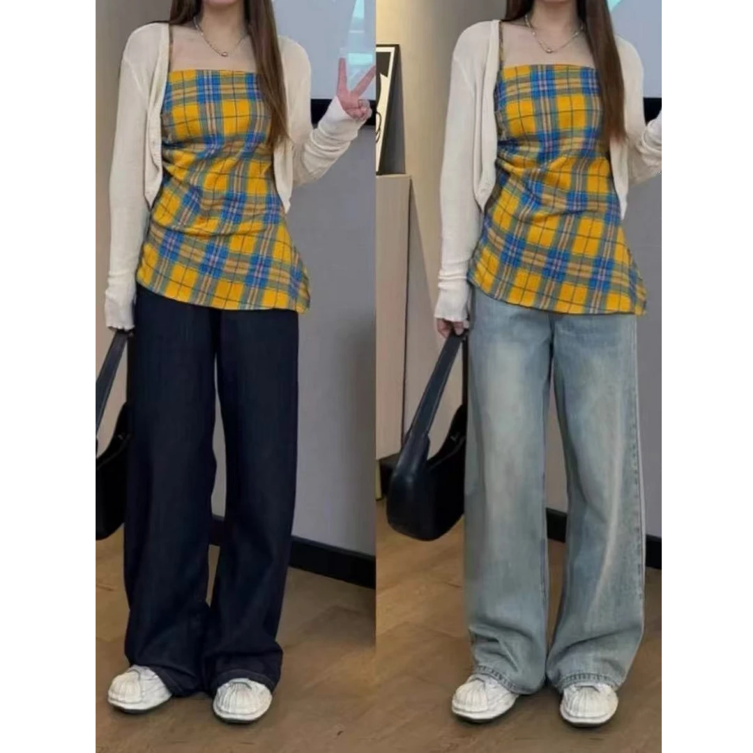 胖MM大码吊带背心开衫套装显瘦藏肉减龄百搭格子显瘦套装时尚百搭