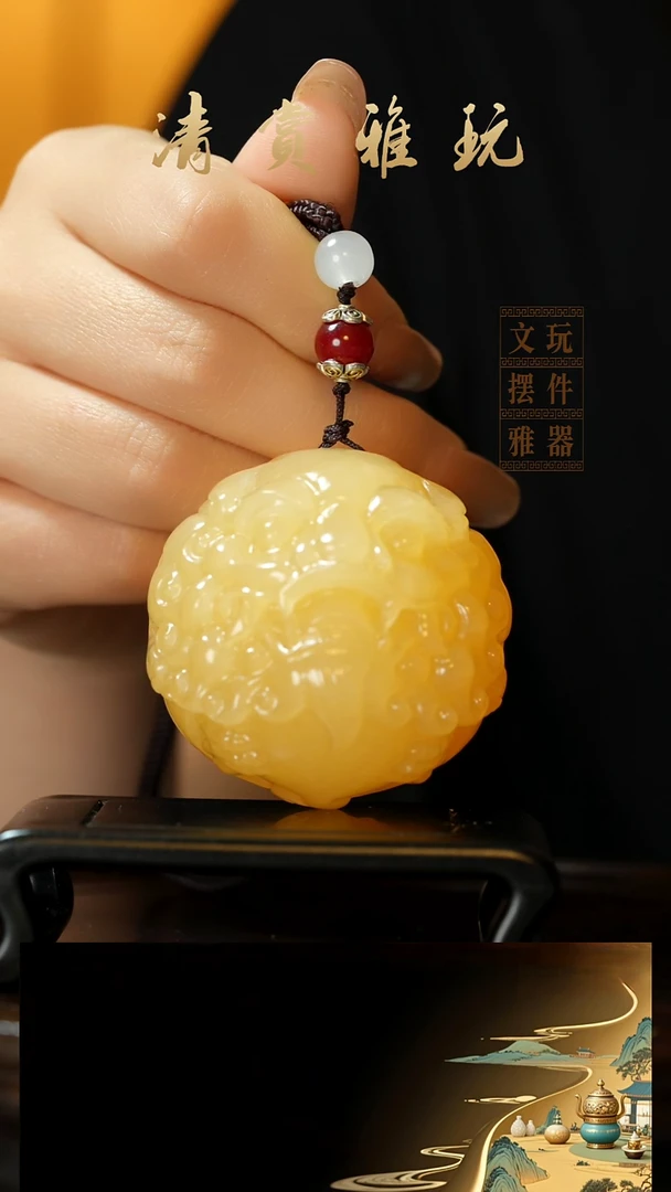玉《金田黄醒狮貔貅》手把件摆件