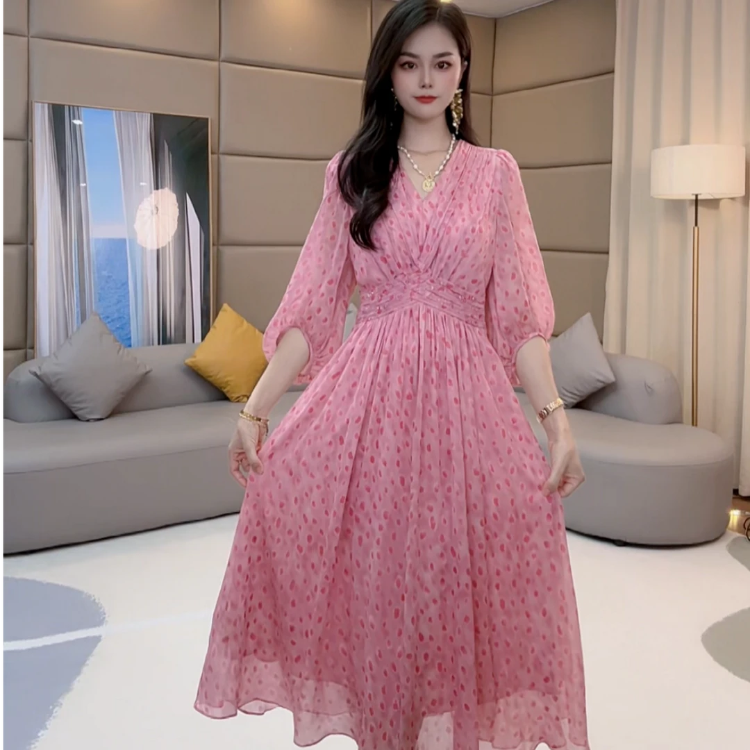 ''桃夭‘’ V领收腰修身气质时尚真丝连衣裙 80062