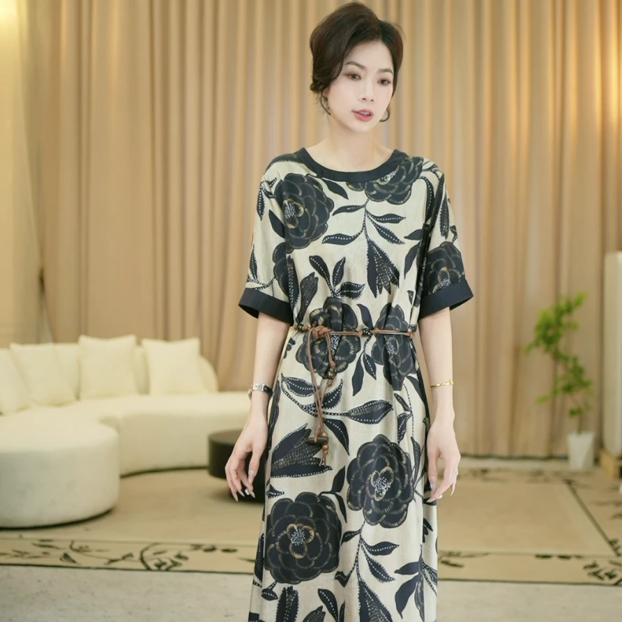 宝儿姐LEMONDISIN新款夏季短袖高级感时尚印花连衣裙气质显瘦宽松