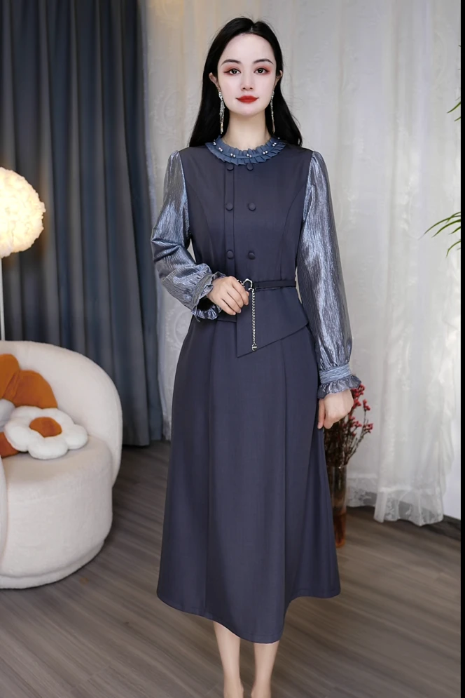 灰色花环西装精纺面料连衣裙拼接琉璃丝袖口赠腰带显瘦气质通勤
