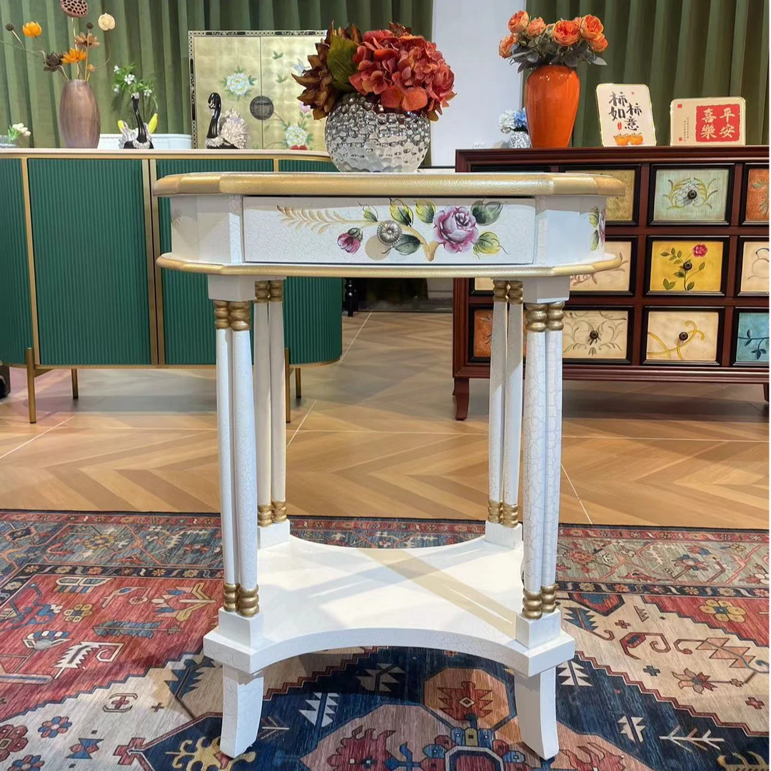 65*45*75法式复古冰裂纹边几沙发边柜美式小圆桌角几彩绘复古茶几