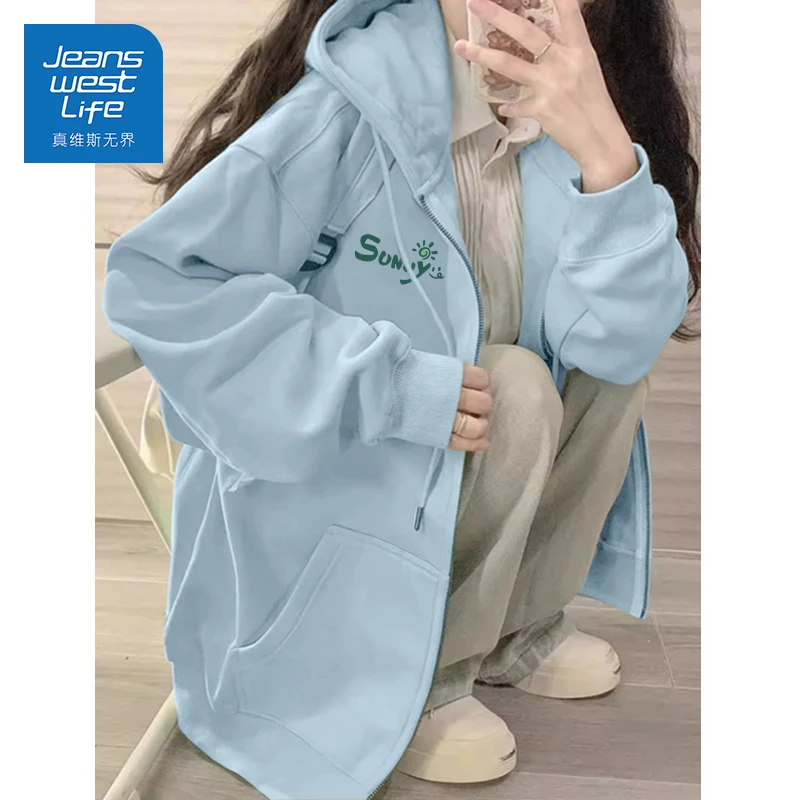 真维斯无界蓝色卫衣女2025年春秋款小个子学院风休闲连帽开衫外套