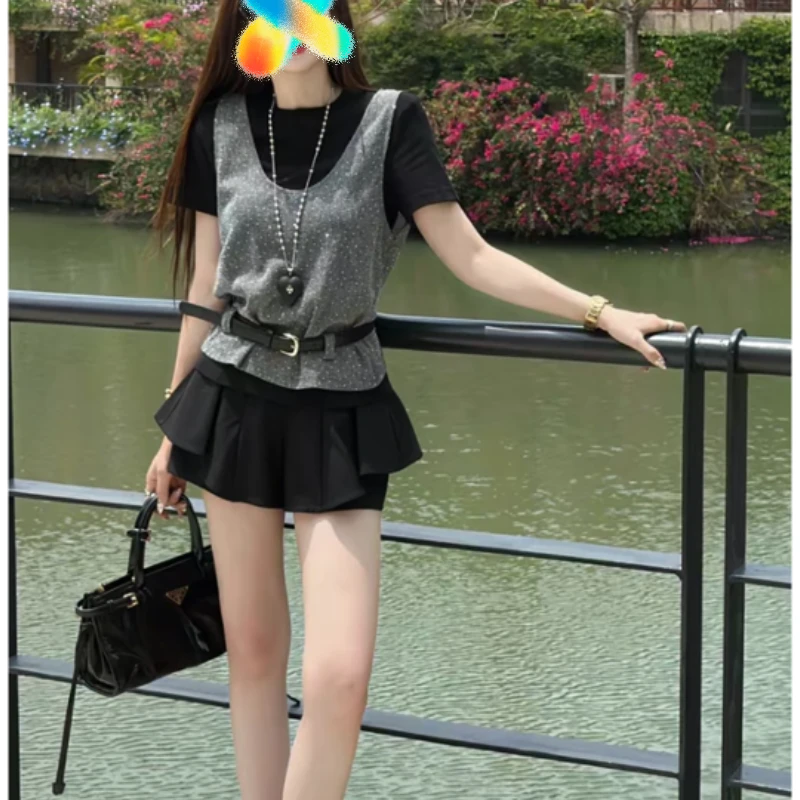 2025夏季新款时尚圆领T恤套装 银色网纱背心