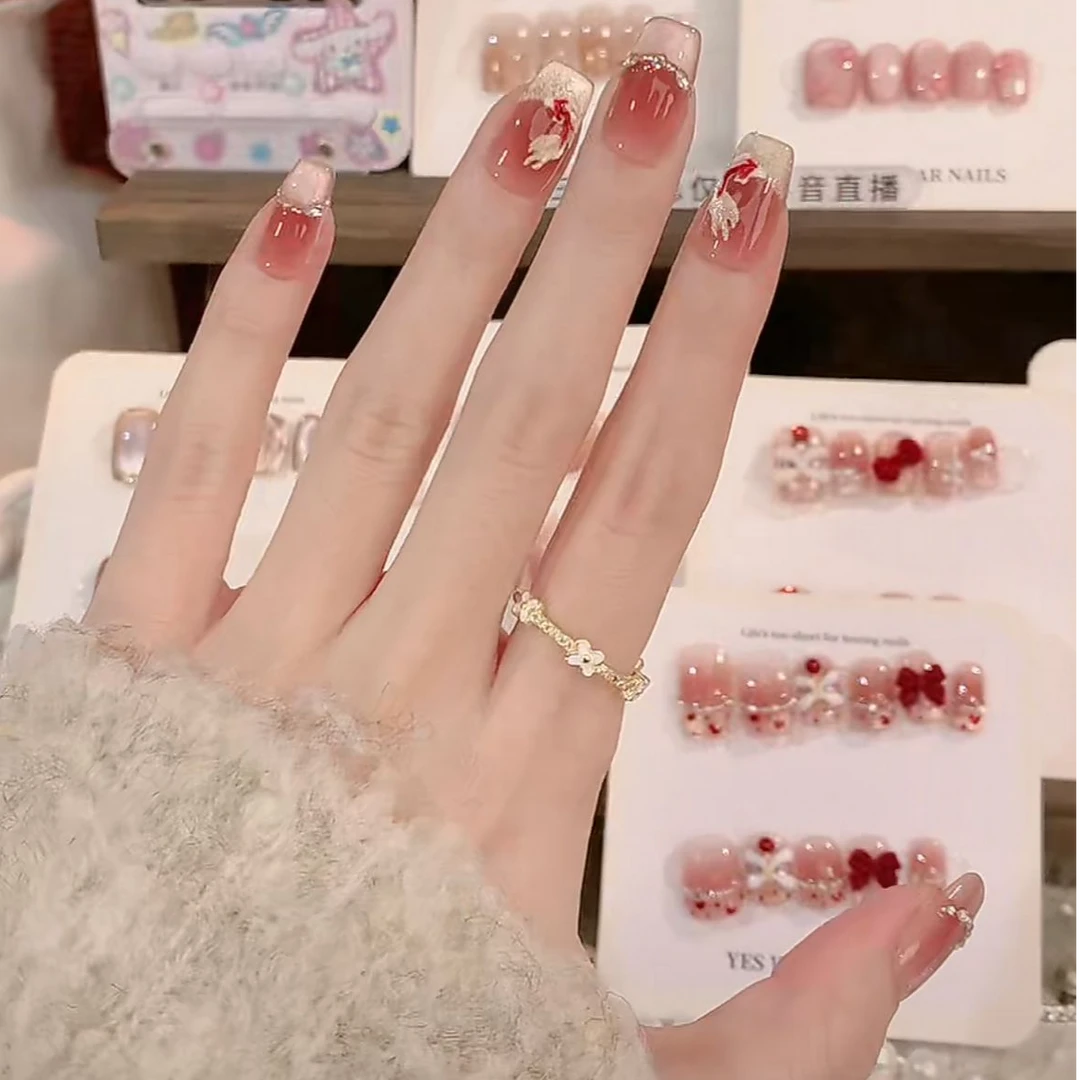 【鲤跃龙门】纯手工穿戴甲 手绘粉金鲤鱼  灵动气质 法式猫眼款美甲