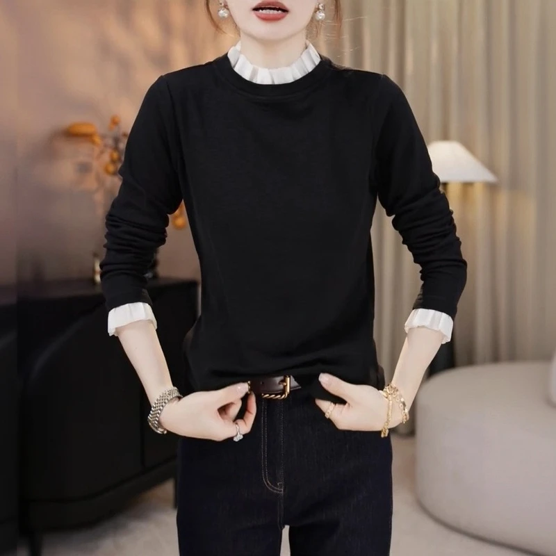 蕾丝花边拼接打底衫女秋季大码胖MM显瘦气质设计感小众长袖T恤潮