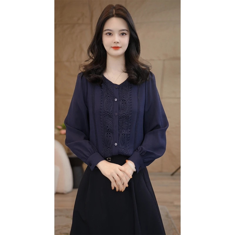 【婷婷甄选】8593015藏青色长袖衬衫女设计感小众气质宽松洋气