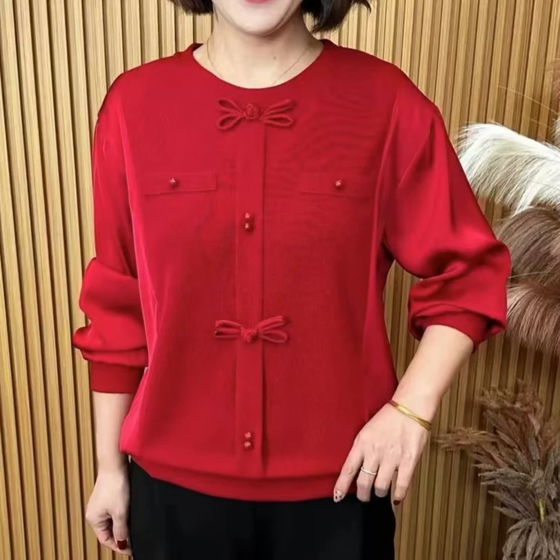 时尚新款洋气百搭圆领长袖蝴蝶结减龄高弹遮肉衫气质显瘦休闲