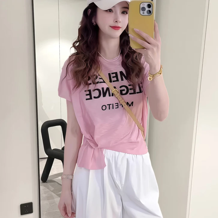 夏季新款字母提花针织短袖女韩系小众设计感收腰显瘦套头T恤上衣