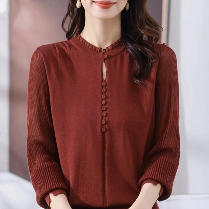 哥弟阿玛施正2025春季新款时尚木耳边拼接冰丝长袖针织衫女打底衫
