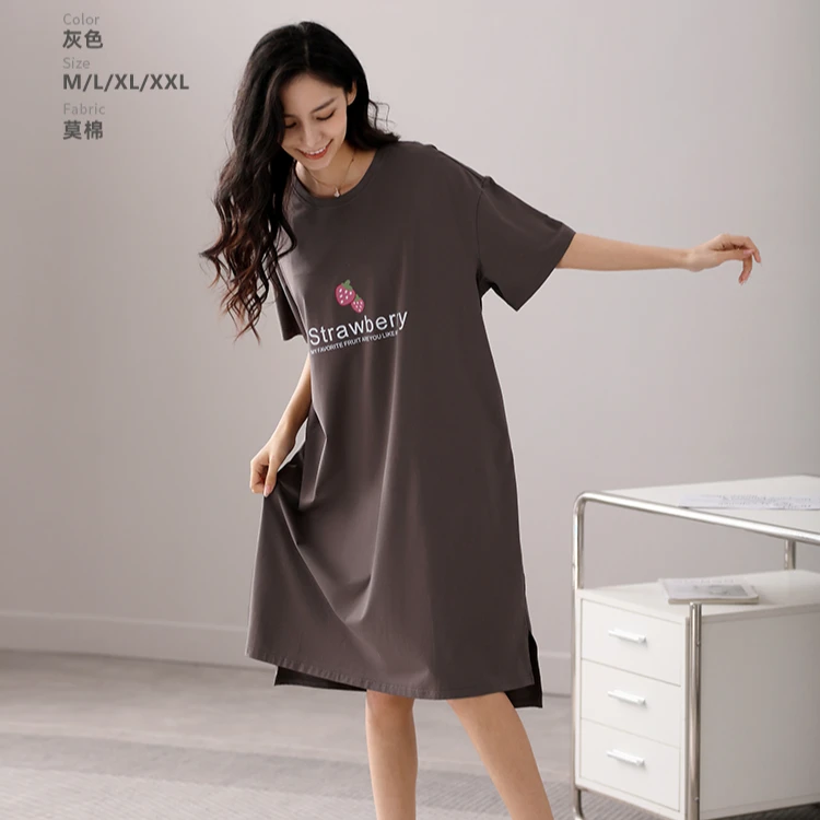 夏季印花长款短袖圆领睡裙时尚卡通休闲中长款家居服83200