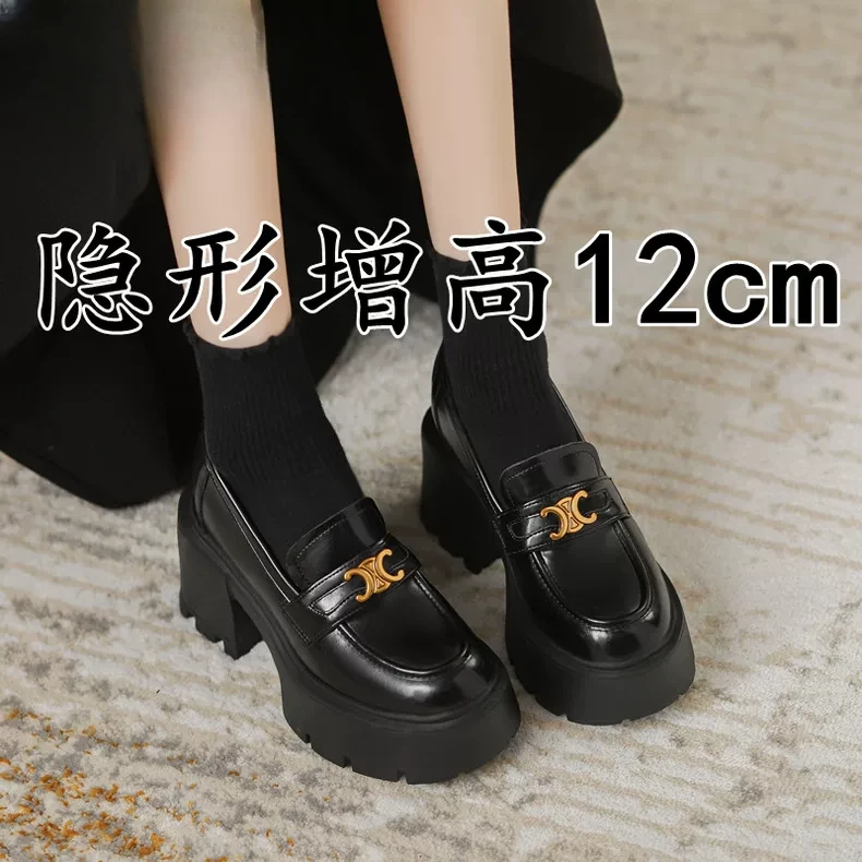 凯旋门厚底乐福鞋女黑色一脚蹬高跟小码33单鞋内增高英伦风小皮鞋