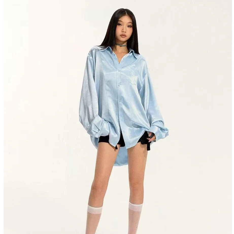 深圳南油 经典醋酸衬衫长款廓型翻领衬衣丝滑亲肤垂感长袖衬衫