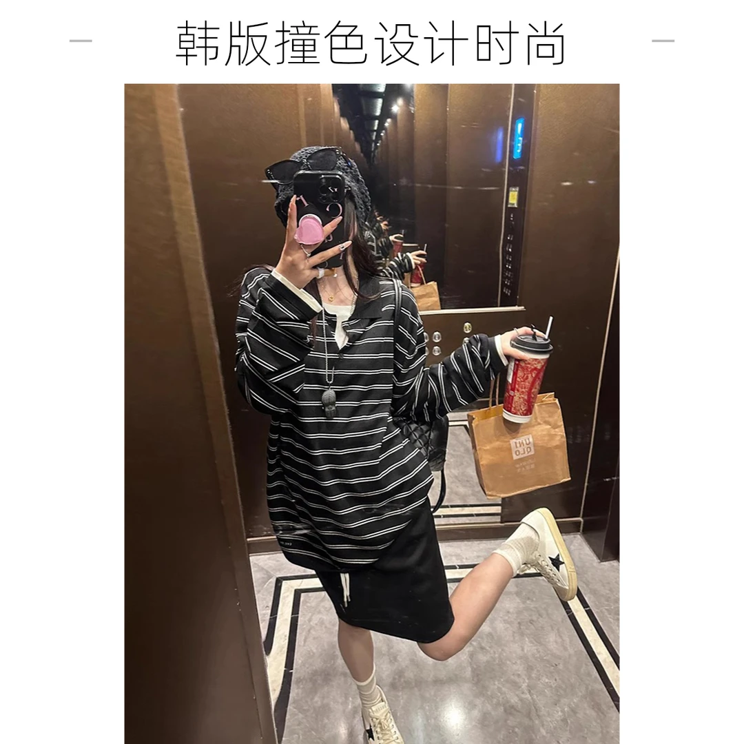 韩版撞色条纹polo领针织衫女夏季宽松慵懒长袖t恤松弛感正肩上衣