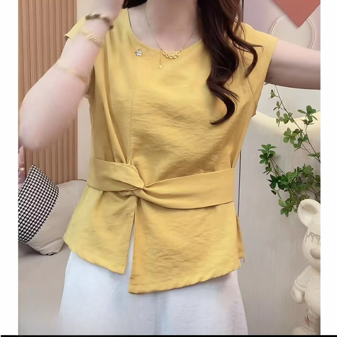 2025年夏季新款时尚气质小飞袖短袖小衫洋气衬衫小众休闲收腰上衣
