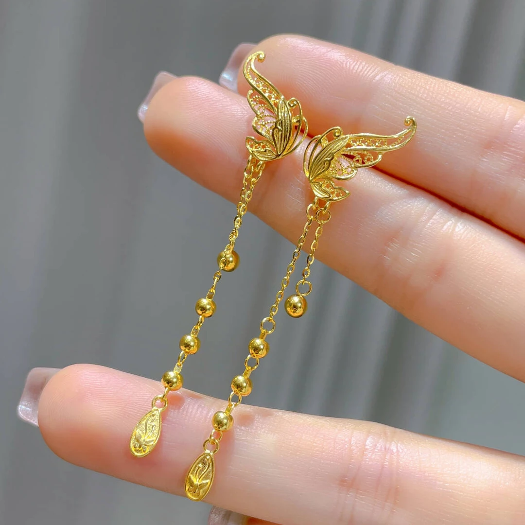 瑞诺黄金镂空蝴蝶流苏耳钉新款足金999气质国风耳饰礼物送女友