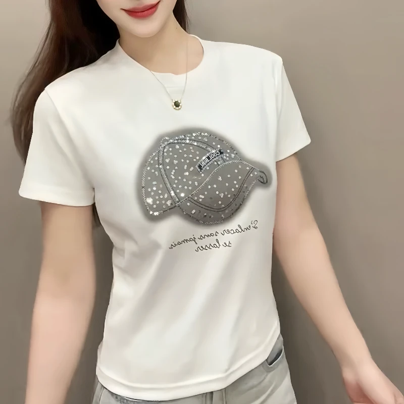 纯棉短袖t恤女士夏季2025新款时尚减龄帽子亮片韩版高端洋气上衣