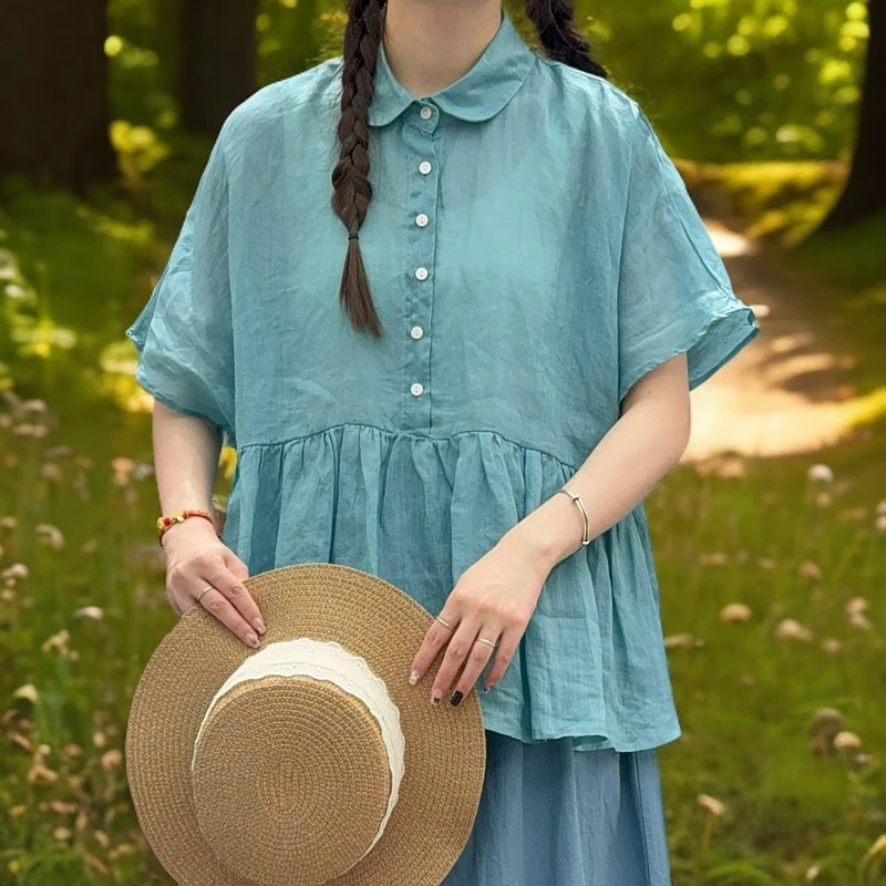 2025春夏新款日系文艺复古宽松休闲百搭纯色翻领短袖衬衫2133#