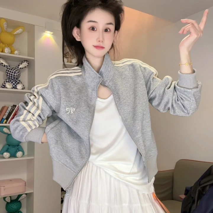 立领蝴蝶结绣花短外套女2025年春季新款宽松百搭小个子单层外套女